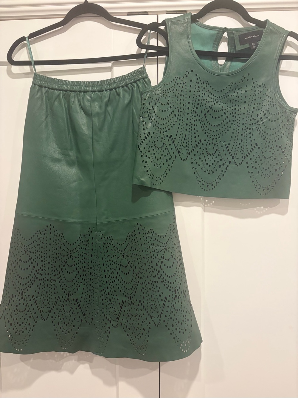 Karen Millen Emerald Green Laser-Cut A-Line Leather Skirt